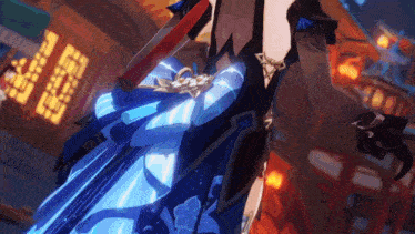 a close up of a person holding a sword in a game