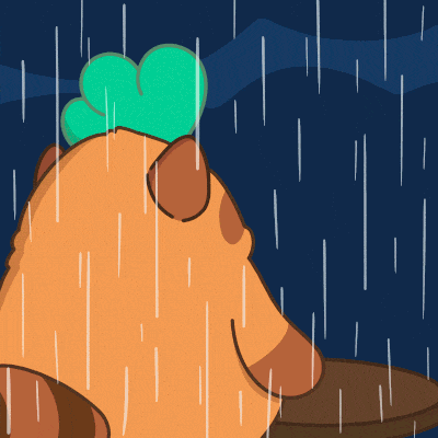 a cartoon bear is crying in the rain with a green flower on his head