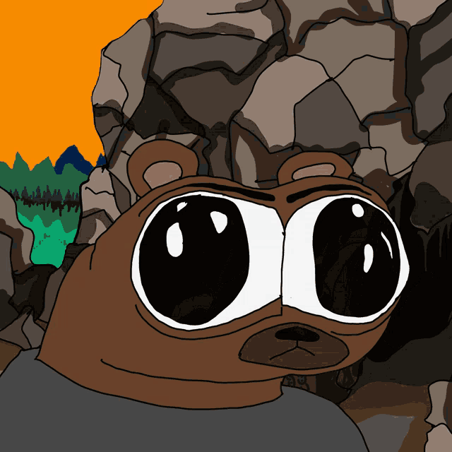 a cartoon drawing of a bear with big eyes and a sunset in the background
