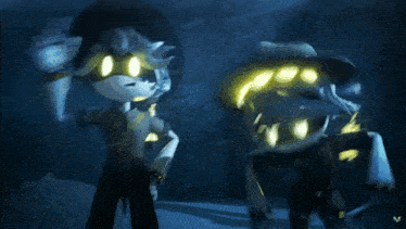 a couple of cartoon characters standing next to each other with the letter v on the bottom