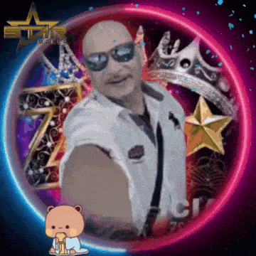 a man wearing sunglasses is in a circle with a star maker logo behind him