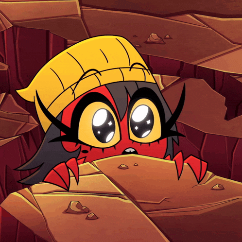 a cartoon character wearing a yellow hat is looking out of a hole in the ground