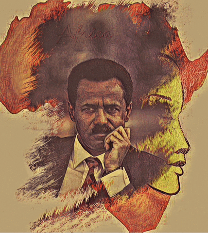 a drawing of a man in a suit and tie with the word africa written in the background