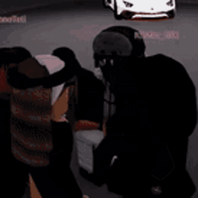 a group of roblox characters are standing next to each other in front of a car .