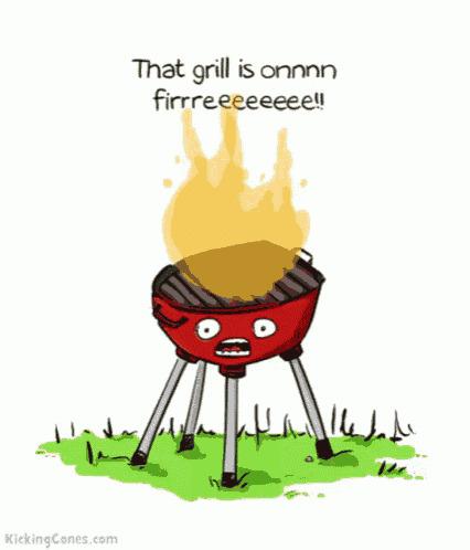 a cartoon of a grill that says that grill is onnnn firrreeee