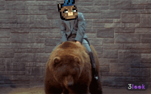 a man in a suit is riding on the back of a bear with a 3look logo behind him