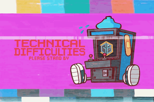 a cartoon of an arcade machine with the words video calibration technical difficulties please stand by