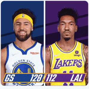 a golden state warriors player and a lakers player are standing next to each other