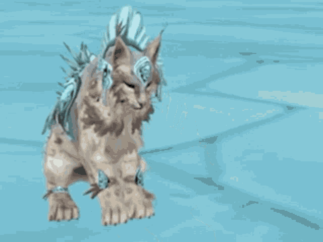 a cat with feathers on its head is walking on a blue background