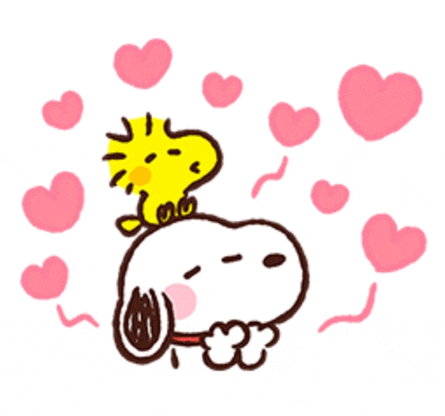 a cartoon of snoopy and woodstock with hearts around them