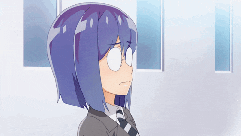 a cartoon girl with purple hair and glasses is standing in front of a window