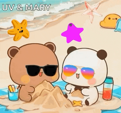 two cartoon bears wearing sunglasses are playing in the sand on a beach .