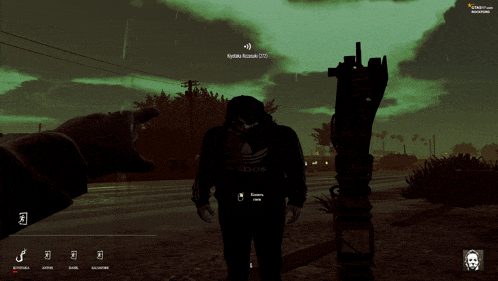 a screenshot of a video game with a person wearing a black adidas hoodie