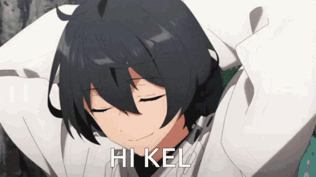 a picture of a person with their eyes closed and the words hi kel