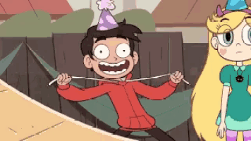 a cartoon character wearing a party hat is sitting in a hammock with star standing behind him