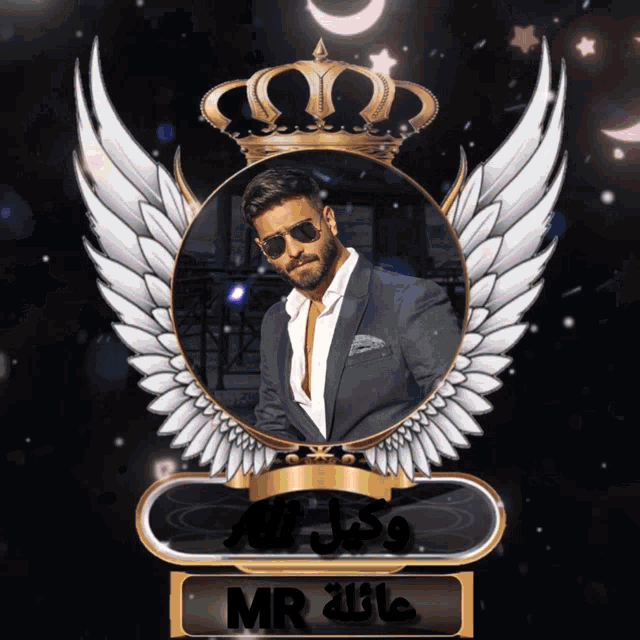 a man in a suit is surrounded by wings and a crown with the name mr at the bottom