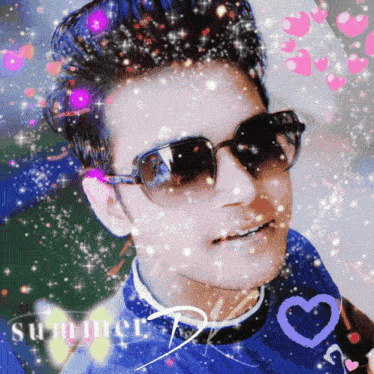 a man wearing sunglasses and a blue shirt is surrounded by hearts and the words summer