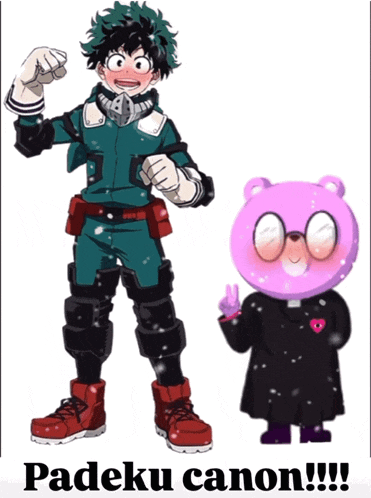 a cartoon of a boy and a pink teddy bear with the words padeki canon written below them