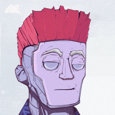 a cartoon drawing of a man with red hair and a blue jacket