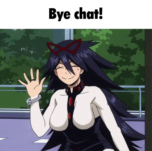 a cartoon of a woman waving with the words bye chat behind her