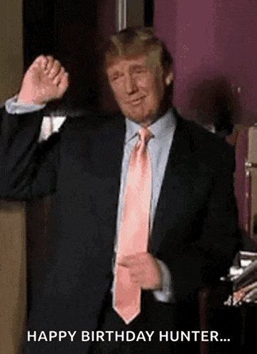 donald trump is wearing a suit and tie and pointing at the camera while saying happy birthday hunter .