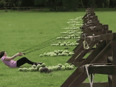 a woman is laying on the ground in front of a row of watermelons