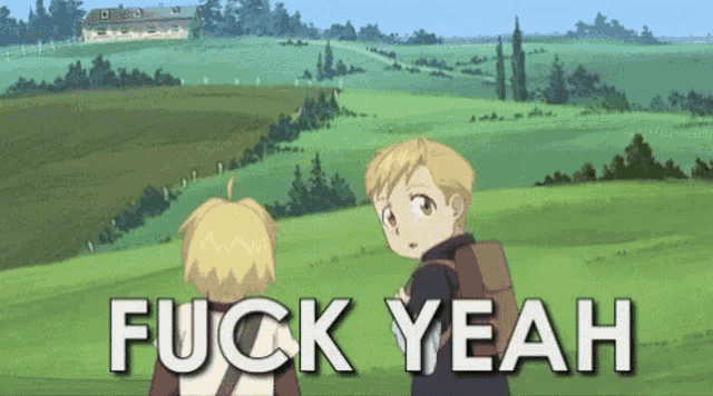 a cartoon of two boys standing in a field with the words fuck yeah written on the bottom