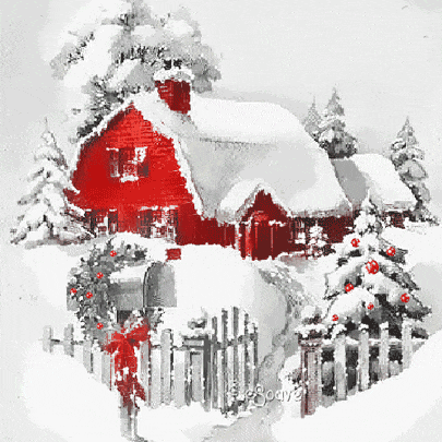 a painting of a red house covered in snow with a christmas tree in front of it