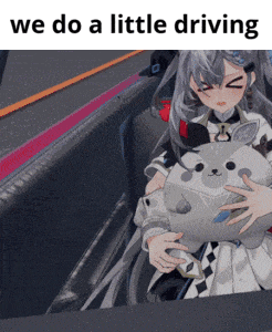 a picture of a girl holding a stuffed animal with the words we do a little driving below it