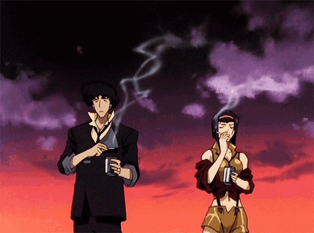 a man smoking a cigarette next to a woman drinking from a cup