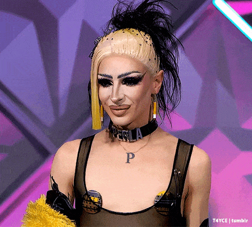 a drag queen with a choker that says perla on it