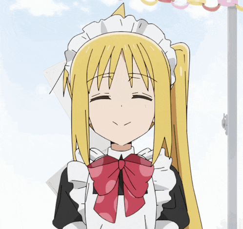 a girl with blonde hair wearing a maid costume with a red bow
