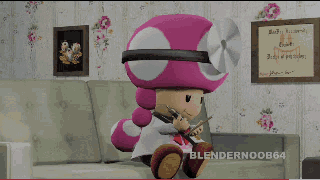 a blendernoob64 video shows a pink mushroom doctor sitting on a couch
