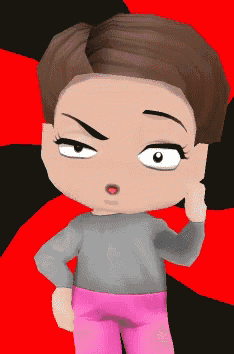 a cartoon girl with short brown hair is wearing a gray shirt and pink pants