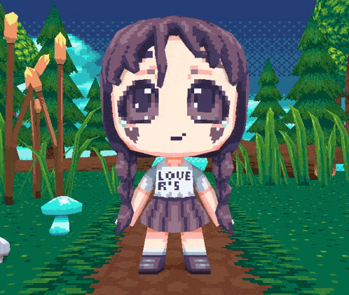a pixel art drawing of a girl wearing a shirt that says love r's
