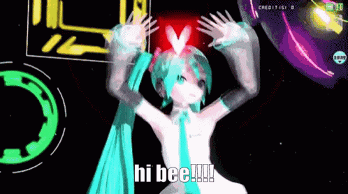 hatsune miku is dancing in a video game with a heart in her hair and says hi bee !!!