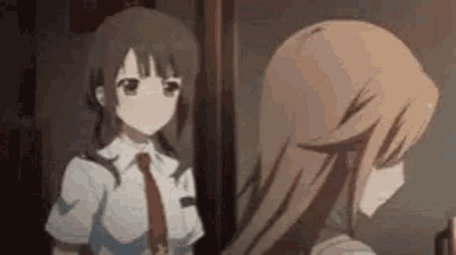 two anime girls are standing next to each other in a room .