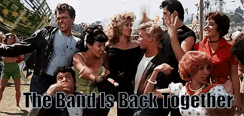 a group of people are dancing together with the words " the band is back together " above them