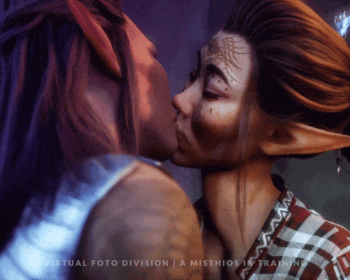 a painting of two people kissing with the words virtual foto division a misthios in training below them