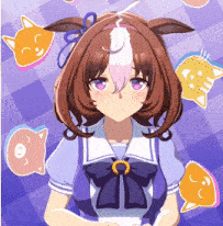 a girl with brown hair and purple eyes is surrounded by cats and pigs