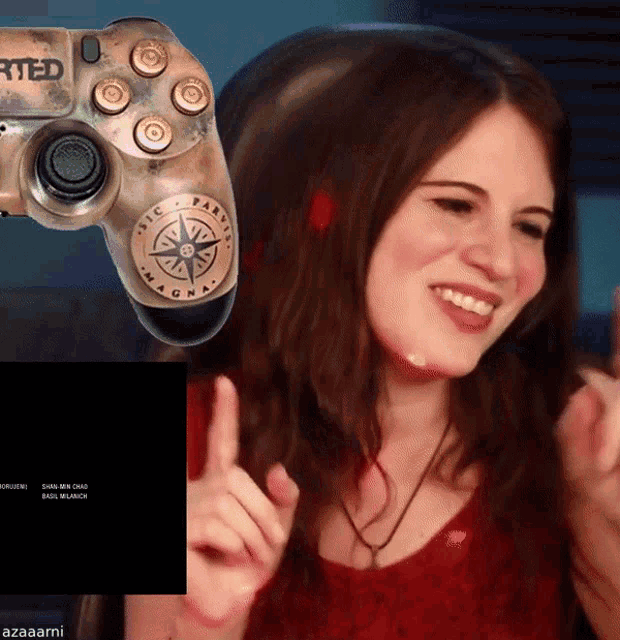 a woman giving a thumbs up next to a controller that says " rted "
