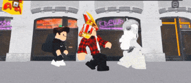 a group of cartoon characters standing in front of a building with a sign that says " cbewh " on it