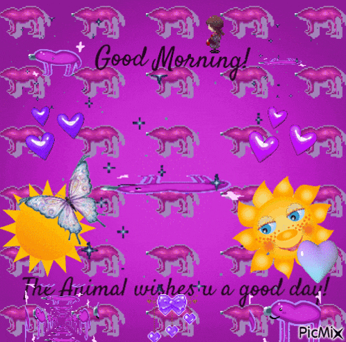 a purple background with the words good morning the animal wishes you a good day on it