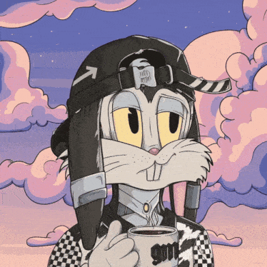 a cartoon bunny wearing a helmet and holding a cup of coffee with the number 900 on it