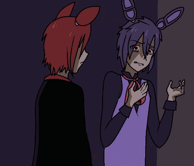 a cartoon of a boy with bunny ears standing next to another boy with purple hair