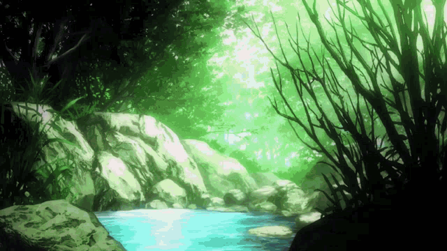 a river surrounded by trees and rocks in a lush green forest