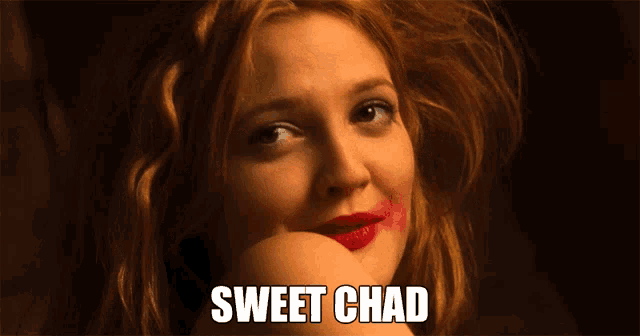 a close up of a woman with red lipstick and the words sweet chad above her