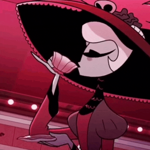 a cartoon character is wearing a large red hat and holding a flower .
