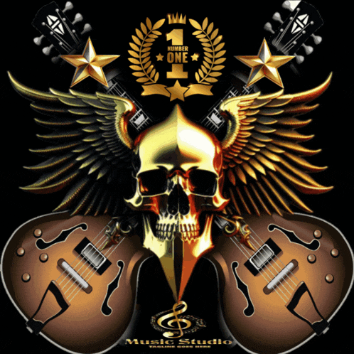 a gold skull with wings is surrounded by guitars and a music studio logo