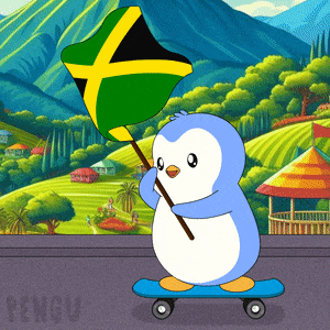 a penguin on a skateboard holding a jamaican flag in front of a landscape